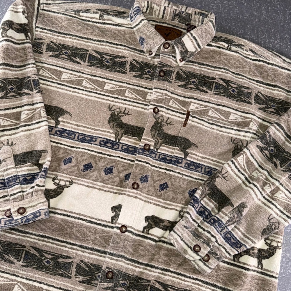 North River Outfitters Mens XL Flannel Shirt Wildlife Deer Aztec Print Cotton